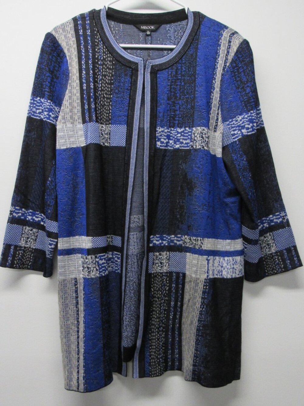 Misook Blue Black Knit Slit Side Long Cardigan Jacket Blazer sz XL Career